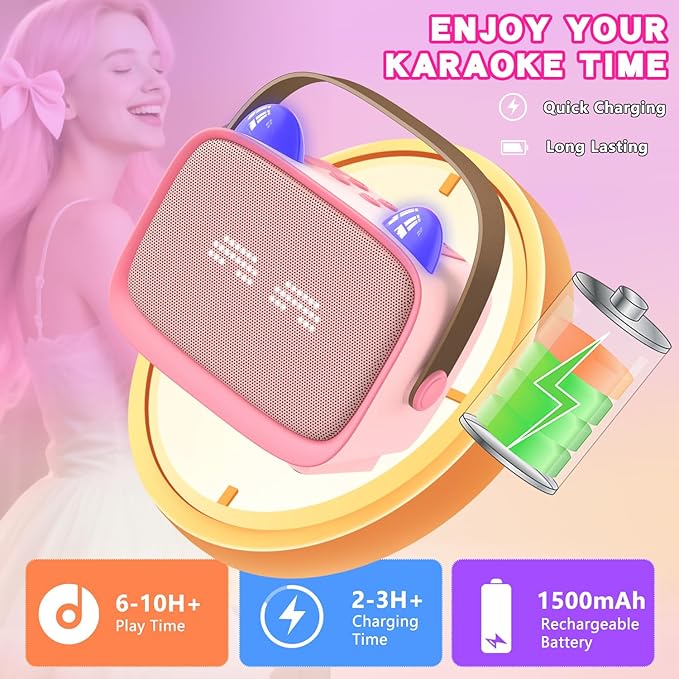 Mgaolo Upgraded Mini Karaoke Machine Toy for Kids, Portable Bluetooth Speaker with 2 Wireless Mics, Emoji & Colorful LED Lights, Home Travel & Party Play Gifts for Boys Girls (Pink)