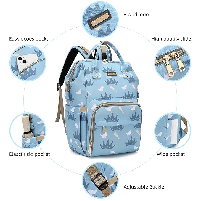 Diaper Bag Backpack, Diaper Bags for Baby Girls Boys, Baby Bags for Moms Dads, Nappy Changing Bag with Insulated Pockets,Multi-functional Waterproof Backpack with Stroller straps-Light blue crown