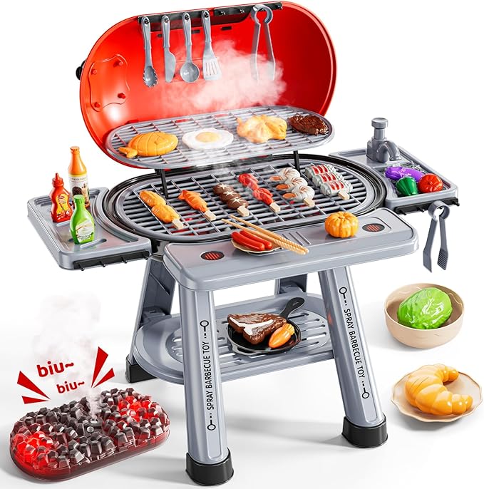 Kids Kitchen Toy Set, Kids BBQ Grill Kitchen Playset with Smoke, Sound & Light, 2-Layer Barbecue Indoor Outdoor Play Grill Toy Gift for Toddler Girl Boy Toy 3 4 5 6 7 8 Year Old