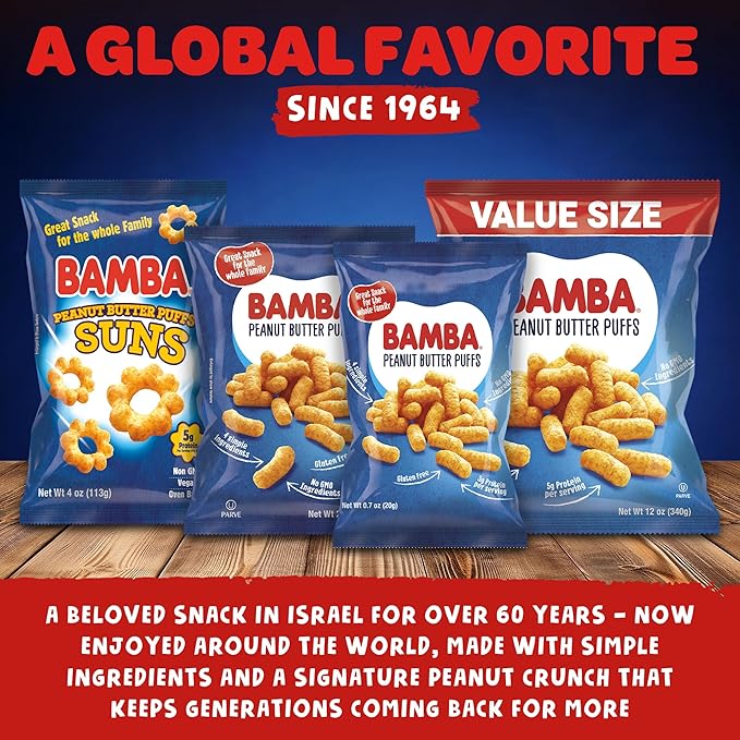 Gratify Bamba Peanut Butter Snacks for Families - All Natural Peanut Butter Corn Puffs Snacks ( 24 pack 0.7oz bags) - Made with 4 Simple Ingredients