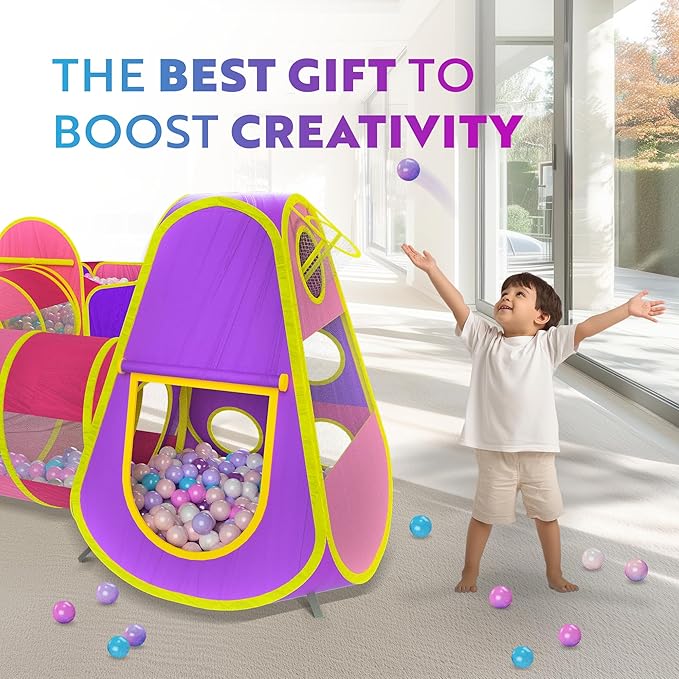 Playz 5pc Kids' Play Tents & Tunnels - Ball Pit for Toddlers, Basketball Hoop, Crawling Tubes, Pop-Up Playhouses, Baby Obstacle Course for Indoor or Outdoor Use