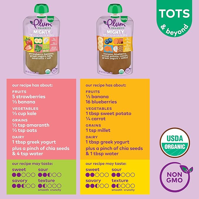 Plum Organics Mighty 4 Organic Toddler Food - Variety Pack - 4 oz Pouch (Pack of 12) - Organic Fruit and Vegetable Toddler Food Pouch