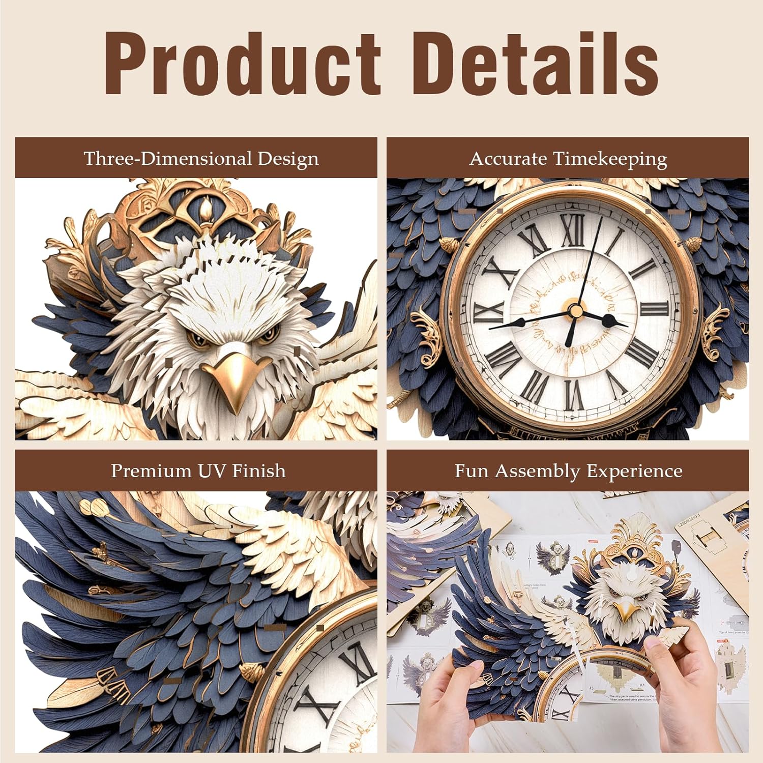 3D Puzzles for Adults Clock-Eagle Design Model Kit-Mechanical DIY Pendulum Clock with Roman Numerals-Desk Home Office Decor Personalized Gift for DIY Lovers
