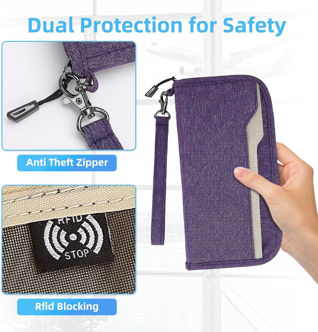 ZOPPEN Passport Holder Family RFID Passport Wallet, Passport Holder Women/Men, Travel Wallet Documents Organizer Zipper Case with Removable Wristlet Strap, Travel Essentials for Flying