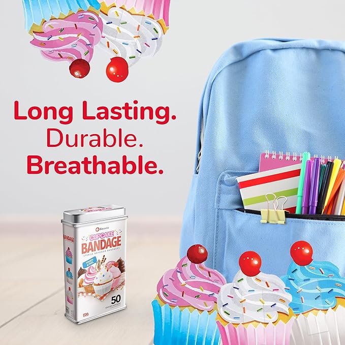 BioSwiss Bandages, Cupcake Shaped Self Adhesive Bandage, Latex Free Sterile Wound Care, Fun First Aid Kit Supplies for Kids, 50 Count