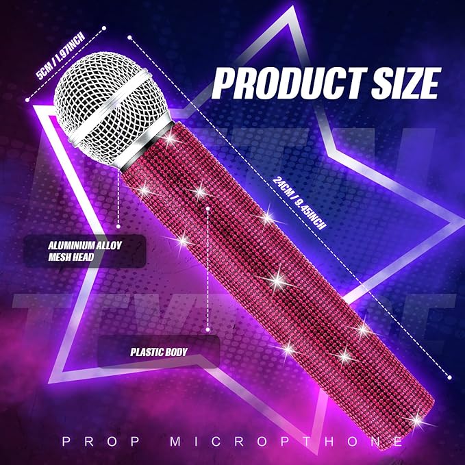 Sanwuta Fake Microphone Prop Sparkly Bling Rhinestones Plastic Play Microphone Pretend Glitter Bedazzled Mic for Cosplay Party Costume(Dark Pink)