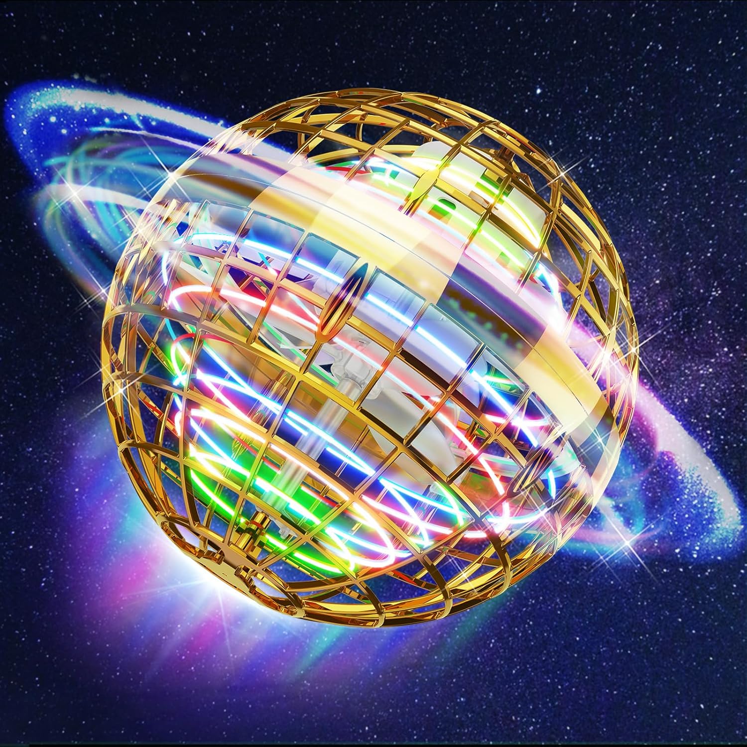 TOMZON Galazy Ball Flying Orb Ball for Boys Girls, Hover Ball Boomerang Fidget Spinner, Drone for Kids with Colorful Light Flying Spinner, A32 Yellow