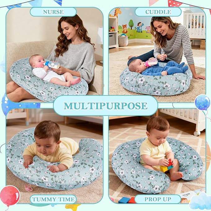 Nursing Pillow for Breastfeeding & Bottle Feeding - Ergonomic C-Shape Design with Breathable Filling & Removable Washable Cover, Supports 0-18 Months (Feeding, Tummy Time, Sitting)