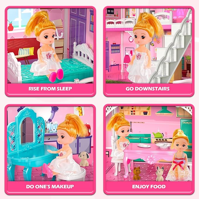 DIY Dollshouse for Girls 4-8 - 2-Story House with 3 Themed Rooms, 2 Dolls, 4 Dogs, Slide & Yard - Dolls House Toys for Imaginative Play