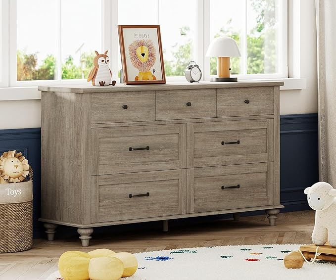 WAMPAT Kids Dresser with 7 Drawers for Bedroom, Wide Baby Dresser for Nursery & Kids Room, Farmhouse Wooden Dressers Closet Organizer for Children’s Bedroom, 54 Inch, Grey