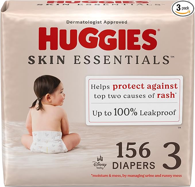 Huggies Size 3 Diapers, Skin Essentials Baby Diapers, Size 3 (16-28 lbs), 156 Count (3 Packs of 52)