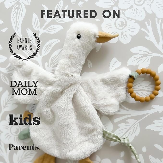 MON AMI PRU Goose Teether Lovie | 12-Inch Baby Security Blanket with Silicone Teether | Soft Plush Lovey for Teething Relief & Comfort