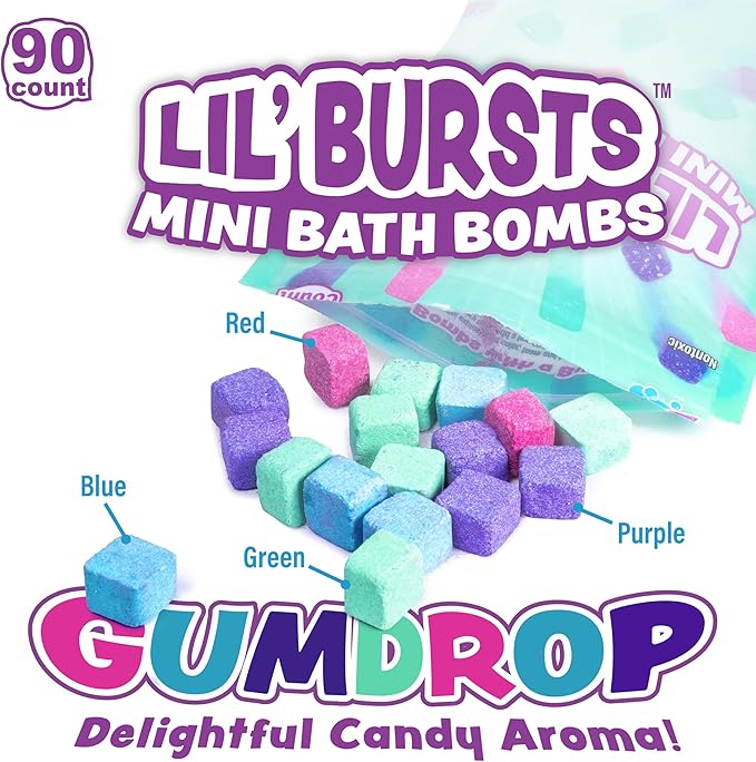 Tub Works Lil' Bursts Mini Bath Bombs for Kids, 90 Count, Gumdrop | Nontoxic | Tiny With A Burst of Color, Foam & Bubbles | Customize Bath With Fun Colors | Create Bath Art