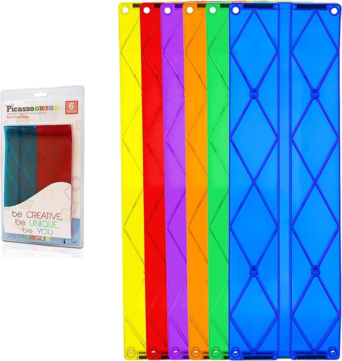 PicassoTiles 6 Piece Magnetic Tiles Race Track Ramp Accessories STEM Building Blocks Toys Magnet Tile Educational Construction Playset Boys Girls Brain Development and Creative Pretend Play Toy PTR06