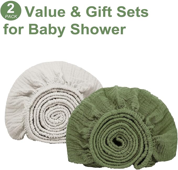 Muslin Bassinet Sheet for Baby Boy and Girl-2 Pack 17"x 33" Soft Bedside Bassinet Sheets Fitted for Rectangle, Round, Oval, Hourglass Mattress-Neutral Olive Green & Beige