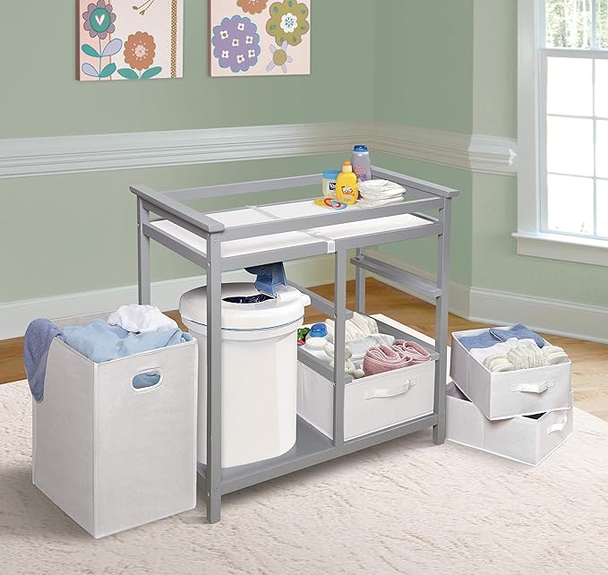 Badger Basket Modern Baby Changing Table - Portable Diaper Station with 3 Drawers Pad & Hamper - Storage Organizer for Baby Diapers & Toys - Gray/White