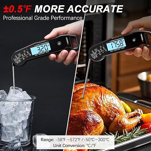 Professional Food & Meat Thermometer, 1 Sec Instant Read & ±0.5℉ Accuracy Driven by Thermocouple Sensor. IP67 Waterproof Digital Thermometer for Cooking, BBQ, Grill Gifts for Men Him Dad Birthday