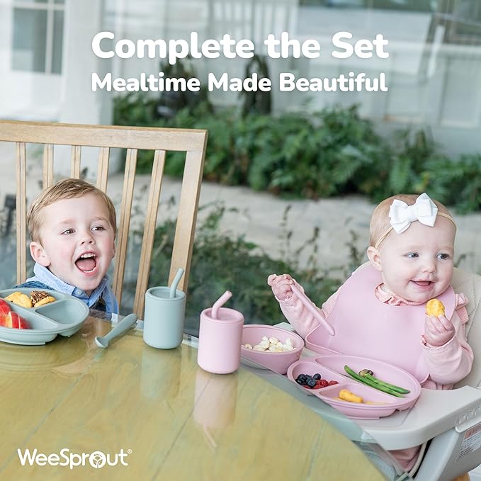 WeeSprout Silicone Baby Cups With Straws and Lids, 4 & 8 oz Options, Set of 2, Food Grade Toddler Training Container, Built In Straw Stoppers, Measurement Markings, Dishwasher Safe + Straw Cleaner