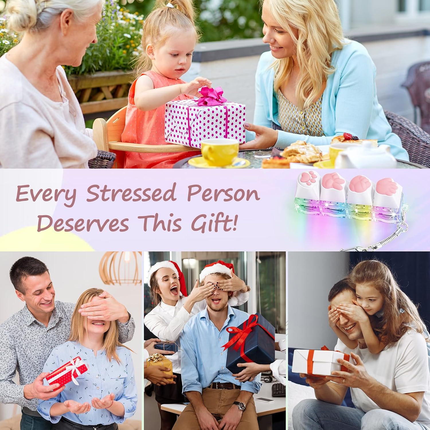 Keyboard Fidget Toys for Adults Keyboard Clicker with LED Light Keychain Fidget Sensory Fun Toys for Anxiety Decompression (RPSCatPaw, 4 in 1)