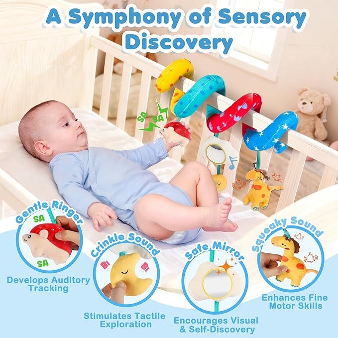 URMYWO Spiral Car Seat Toys for Babies 0-6 Months, Hanging Toy Fits Stroller, Developmental Sensory Baby Toy with Bell Crinkle Mirror, Baby Travel Gear Shower Gift for Boys Girls