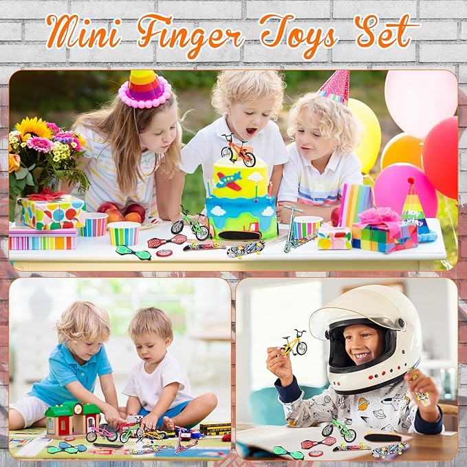 Skylety 31 Pieces Mini Finger Toys Set for Boy Girl Includes 6 Finger Skateboards, 4 Bikes, 2 Mini Scooters 4 Swing Board 8 Matched Wheels 7 Tool Accessories Educational Toy Party Favor(Fun)