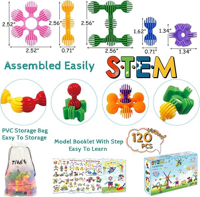 Kids Building Blocks STEM Toys, 120 PCS Plastic Gear Interlocking Sets That Bends - Safe Material - Toddler Educational Toy for Girls and Boys Aged 3+