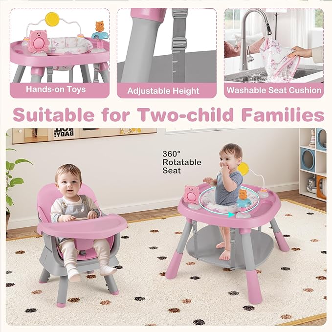 KOTEK 16 in 1 Convertible High Chair, Baby Highchair & Activity Center with Toys, Booster Seat, Building Block Table, Toddler Chair with 5-Point Harness, Removable Tray & Cushion (Pink)