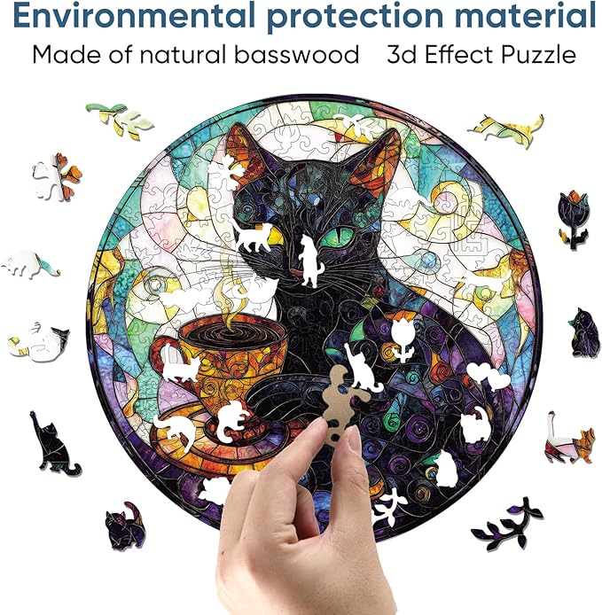 Wooden Puzzle for Adults, Black Cat Wooden Jigsaw Puzzles(16.5 * 16.5in-500pcs), Unique Animal Shape Wood Cut Puzzles Best Gift for Adults and Kids Family Game