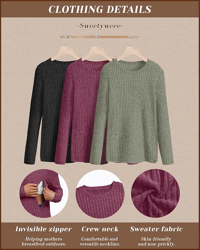 3 Pack Women's Nursing Long Sleeve Tops Breastfeeding Thermal Sweaters with Hidden Zipper Maternity Ribbed Shirts
