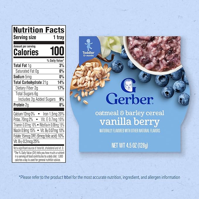 Gerber Toddler Food, Baby Food, Breakfast Oatmeal with Barley, Vanila Berry Flavor, Cereal, Iron Helps Support Brain Development, 8 Pack