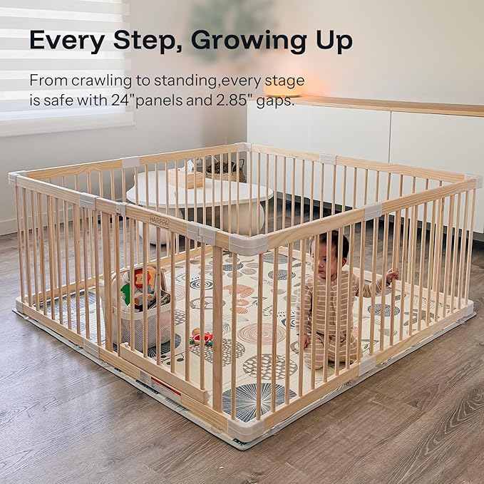 HARPPA Baby Gate Playpen Wooden Playpen for Babies and Toddlers Large Play Yards Baby Fence Play Area 56 x 56 x 24 inch