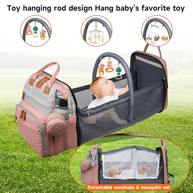 Diaper Bag Backpack Diaper Bag Multifunctional Waterproof Diaper Bag with Changing Station Travel Backpack with Changing Pad, Baby Baby Pacifier Case & Stroller Straps(PinkGrey)