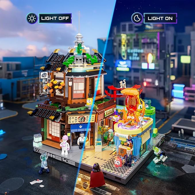 FUNWHOLE Cyberpunk Japanese-Izakaya Lighting-Building-Bricks Set - Cyberpunk Neon City Future Pub Japanese Street View House Collection LED Light Model Set 1987 Pcs for Adults and Sci-fi Lovers