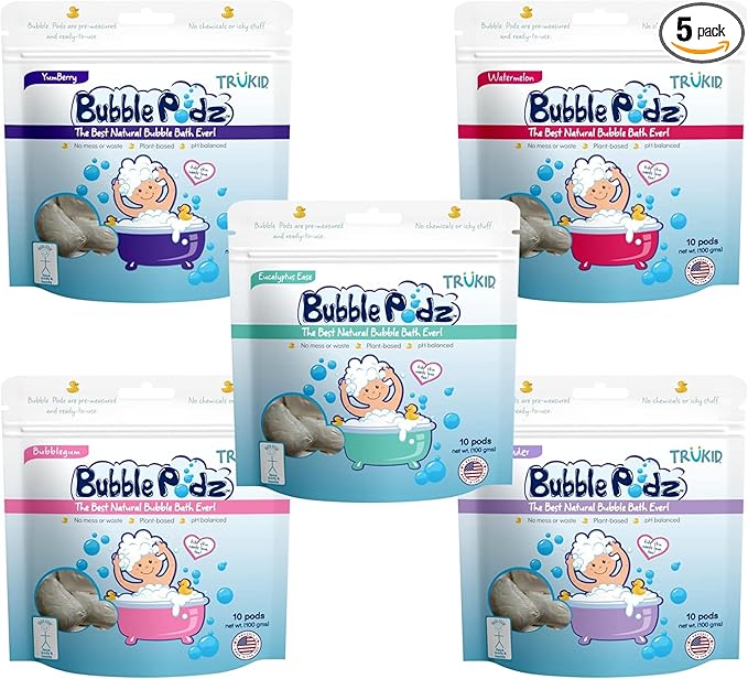 TruKid Bubble Podz Bubble Bath Bundle for Baby & Kids, Gentle Refreshing Bath Bomb for Sensitive Skin, pH Balance 7 for Eye Sensitivity, Natural Moisturizers and Ingredients, Five SCENTS