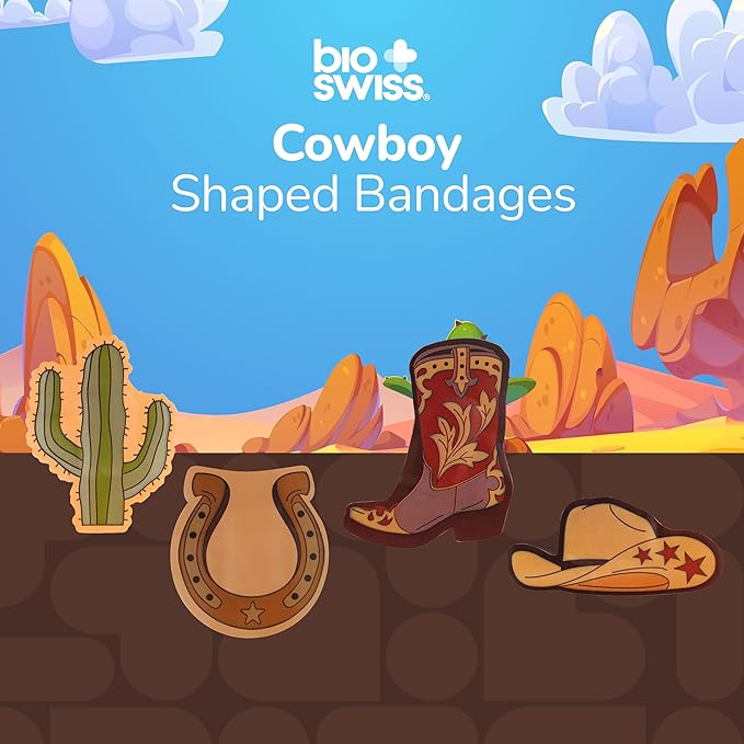 BioSwiss Bandages, Cowboy Shaped Self Adhesive Bandage, Latex Free Wound Care, Fun First Aid Kit Supplies for Kids and Adults, 24 Count