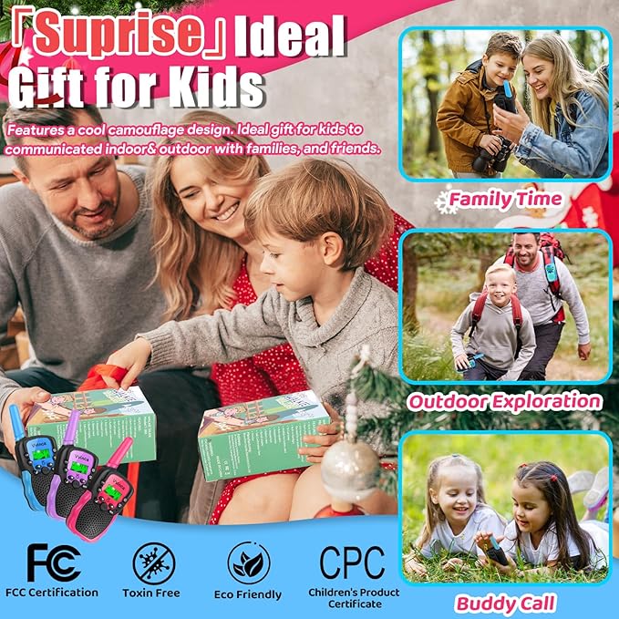 Vvinca Walkie Talkies for Kids Rechargeable 3 Pack, Toys for Boys Girls Age 3-13 Ourdoor Camping Birthday Gift, 3KM Long Range Walkie-Talkie 2 Way Radios 22 CH VOX with Li-ion Battery Flashlight