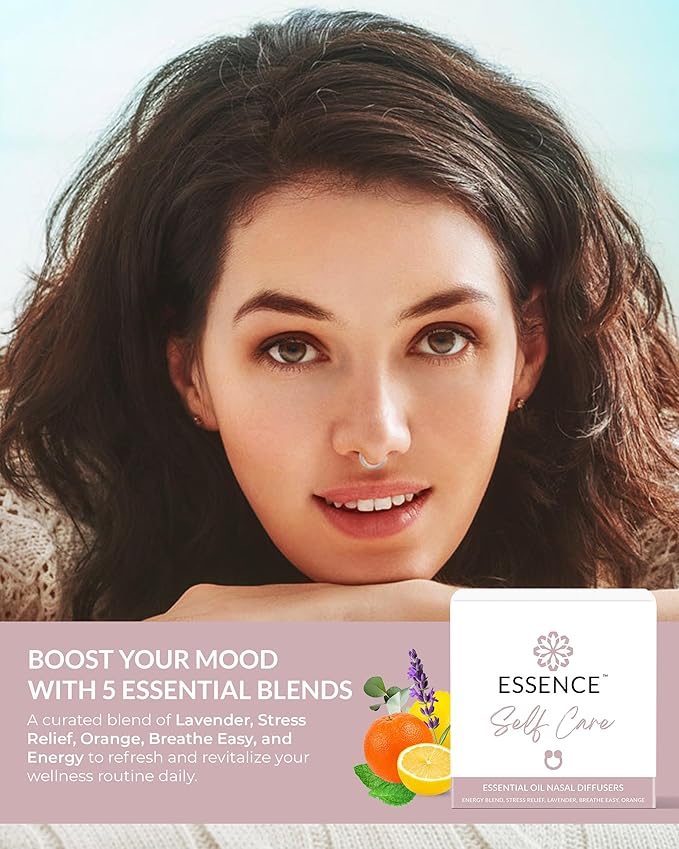 Essence Nasal Diffuser Self Care Bundle – Essential Oil Silicone Nose Rings for Stress, Energy & Mental Clarity – Wearable Aromatherapy Pack for Wellness & Mood Balance