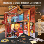 Garage Book Nook Kit - 3D Wooden Puzzle Miniature Book Nook Kits for Adults Teen, DIY Dollhouse Bookshelf Insert Decor with Sensor LED Light, Gift for Family, Friends
