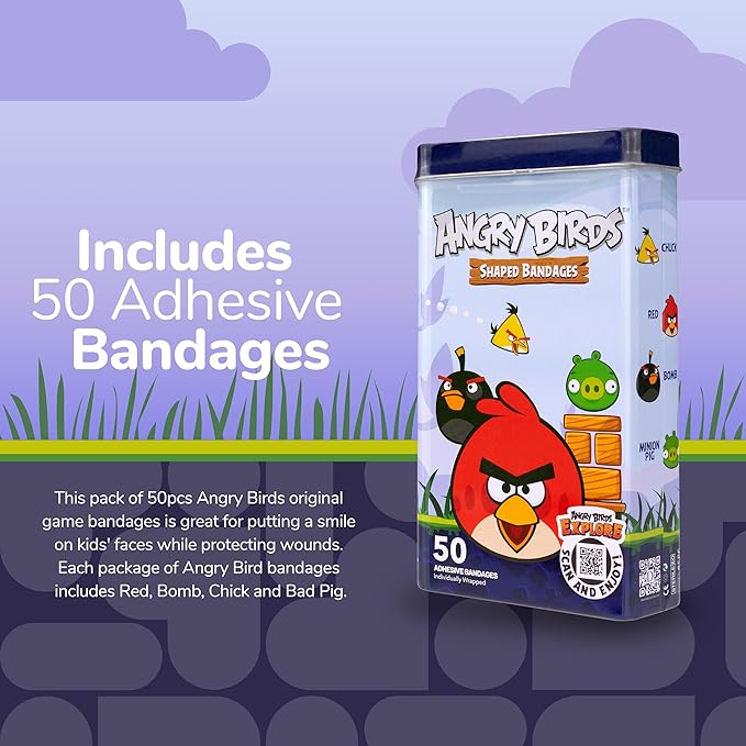 BioSwiss Bandages, Angry Birds Game Shaped Self Adhesive Bandage, Latex Free Sterile Wound Care, Standard Shape for Kids and Adults, 50 Count