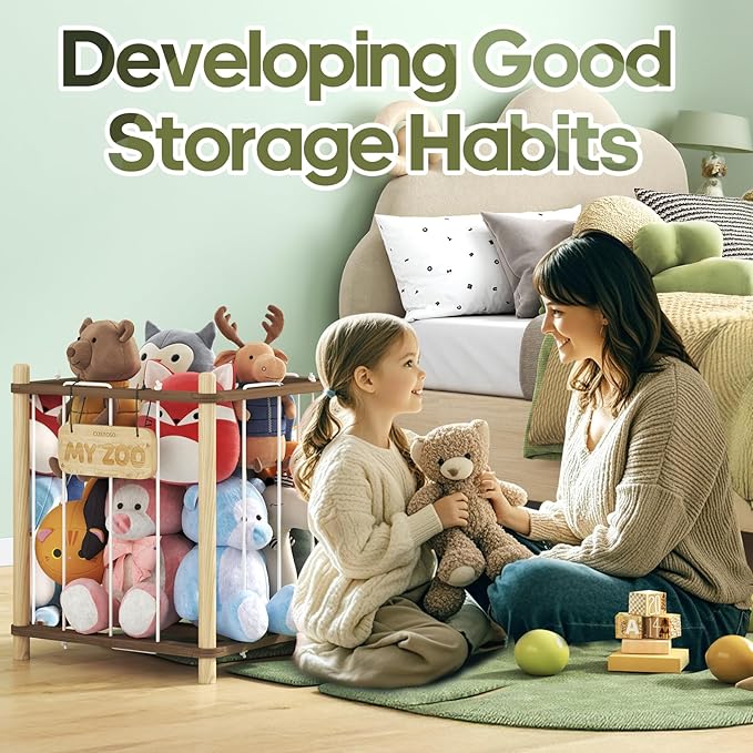 Stuffed Animal Storage, Two-Tone Wood Toy Storage, Space Save Zoo Toy Organizer, Large Capacity Stuffed Animal Holder for Toddler, WJJ-DC (Small)