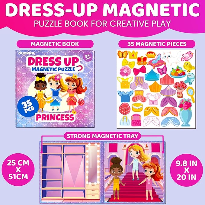QUOKKA Magnetic Dress-Up Dolls for Girls Boys with 35 Magnetic Pieces - Creative Magnetic Play Set for Home or Travel - Perfect Magnetic Paper Dolls for Ages 3 and Up, Boost Storytelling with Princess