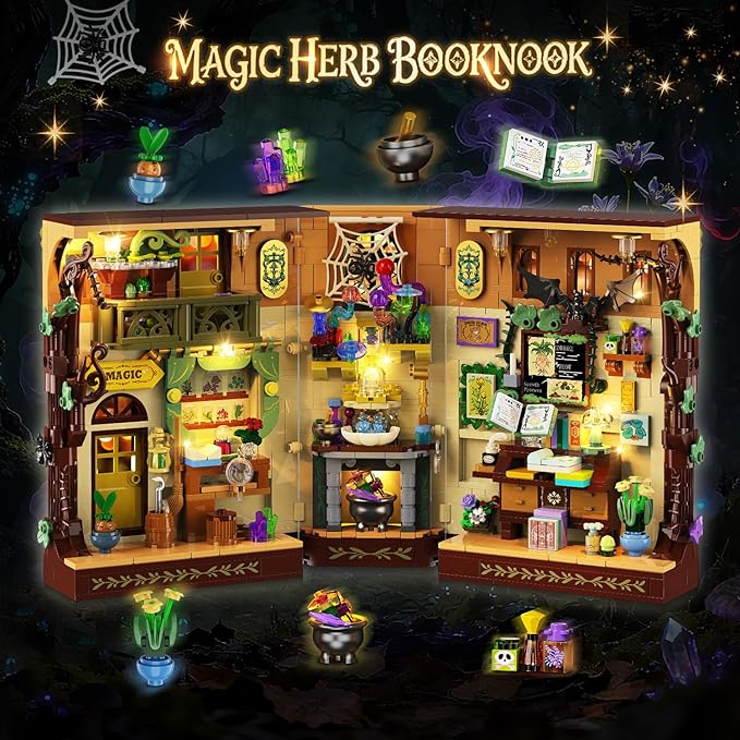Magic Herb Book Nook Building Set with Light, DIY Booknook Building Block Kit for Home Bookshelf Decor, 930 PCS Miniature House Display Model Building Brick for Adults Teens Boys Girls Ages 12+