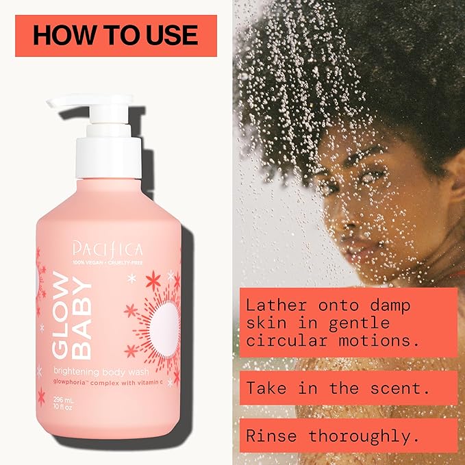 Pacifica Glow Baby Brightening Body Wash – Vitamin C & AHA Exfoliating Body Wash for Glowing Skin, Moisturizing Daily Shower Gel for Dull Dry Skin, Niacinamide & Kakadu Plum, Vegan, 10 oz