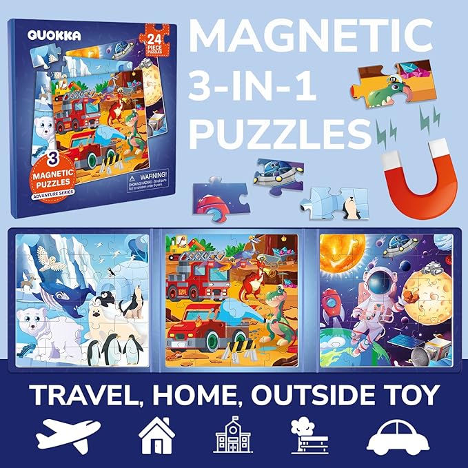 QUOKKA Magnetic Toddler Puzzles Ages 2-4 - 24 Pieces Kids Puzzles Ages 3-5 - Travel Games for Kids 4-6 Boys and Girls - Learning Animal, Space, Dino Car Airplane Road Trip Activities