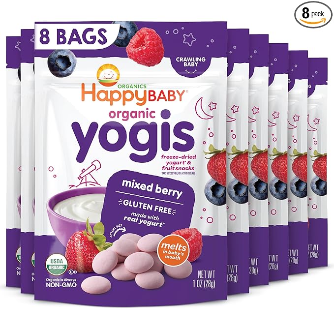 Happy Baby Organic Yogis Freeze-Dried Yogurt & Fruit Snacks, Mixed Berry, 1-Ounce Pouches (Pack of 8)