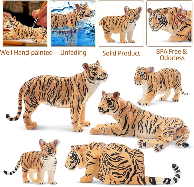 Toymany 6PCS Realistic Tigers Figurines with Tiger Cubs, 2-6" Jungle Animals Figures Family Set, Educational Toy Cake Toppers Christmas Birthday Gift for Kids Toddlers
