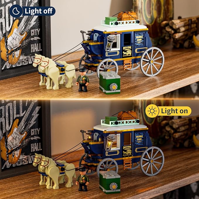 Western Treasure Stagecoach Lighting Building-Bricks Set - Old West Carriage and Horse 307 Pcs Collection Display Set for West Lovers