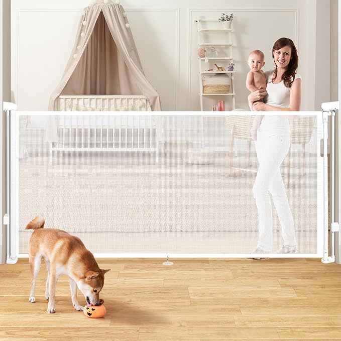 Retractable Baby Gates Dog Gate for Stairs, 55" Wide Mesh Baby Gate Pet Gate for The House, 34" Tall Child Safety Gates for Doorways, Hallways, Deck, Porch, Indoor, Outdoor