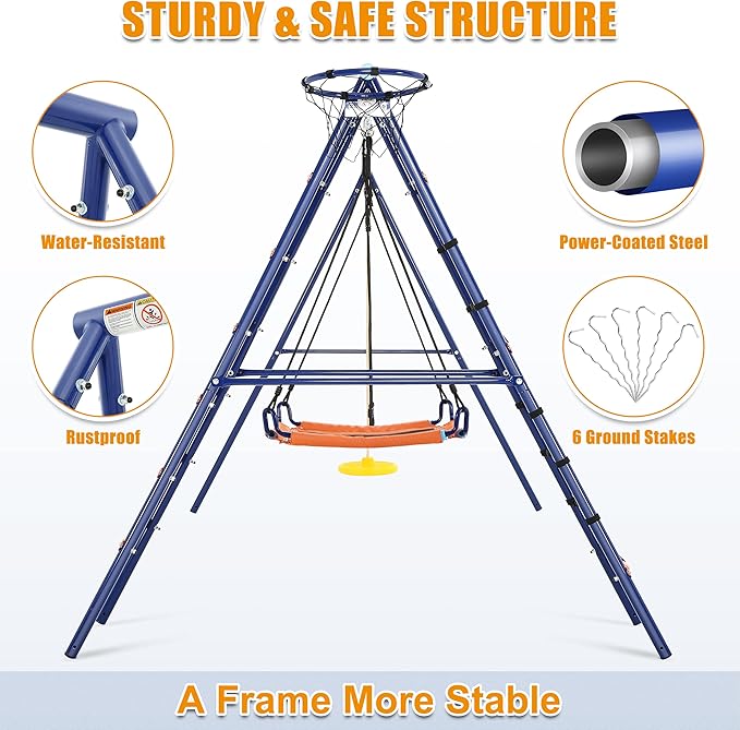 Swing Set for Backyard - 6 in 1 Multifunction Kids Swing Set Heavy Duty 550 lbs Outdoor Extra Large Metal Swing Frame with 3 Adjustable Swings Climbing Net Ladder Basketball Hoop