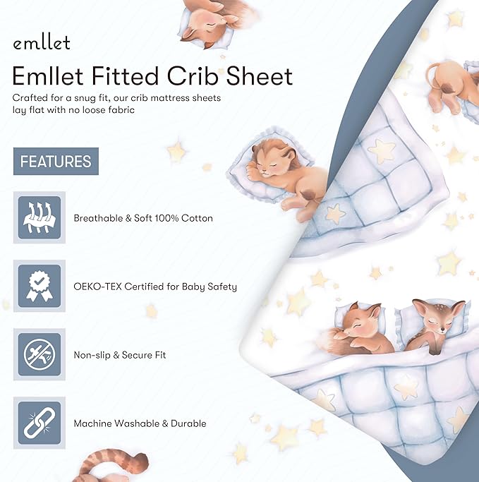 100% Cotton Fitted Crib Sheet, Woodland Dreams Sleeping Animal Pattern, Fox Fawn Lion Tiger, Standard 52 x 28 in Crib Mattress Fit